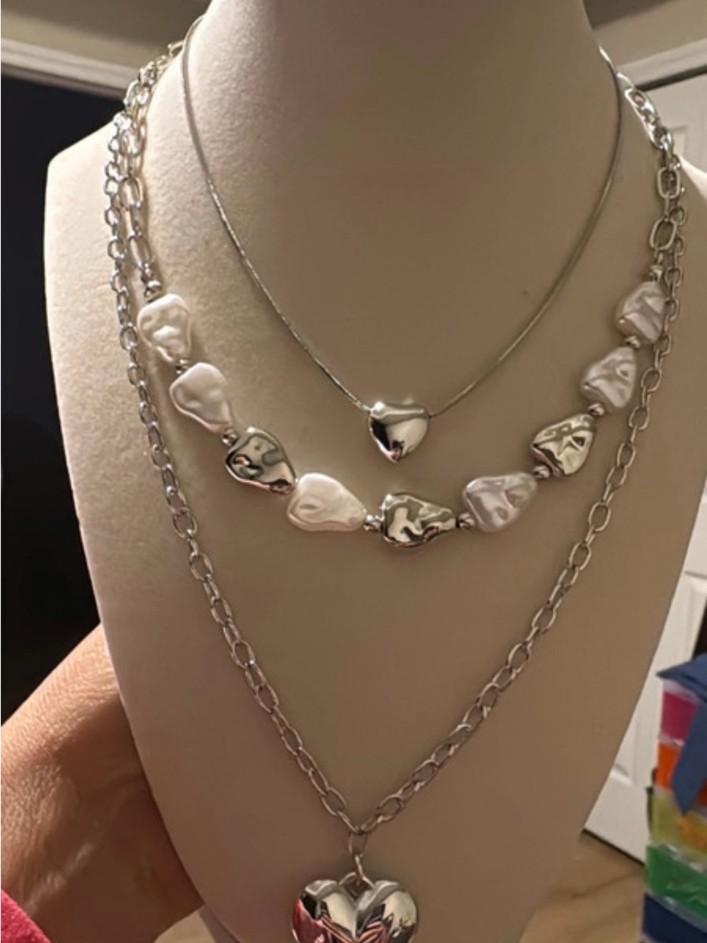 Silver Heart Layered Necklace Set with Pearl-Tone Accents